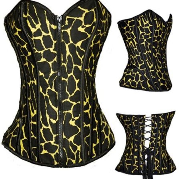 Yellow Black Animal Print Zip Front Corset - NEW - Picture 1 of 6